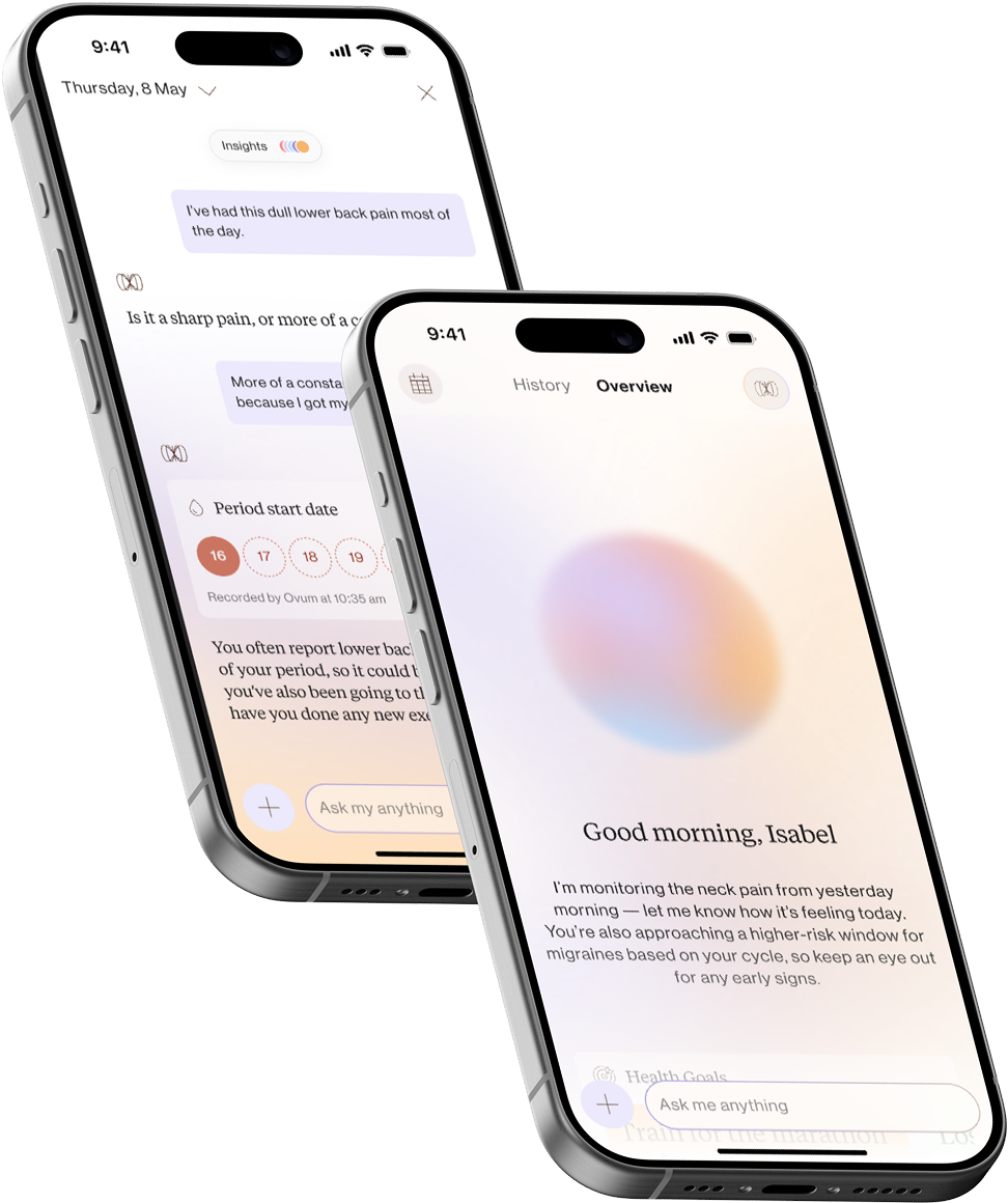 Ovum mobile app interface showing multiple phone screens